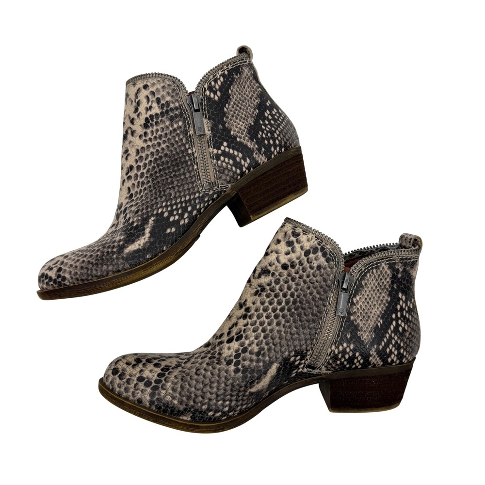 Lucky Brand Bartalino Ankle Boots Women 6.5 Grey Snakeskin Leather Block Heel
